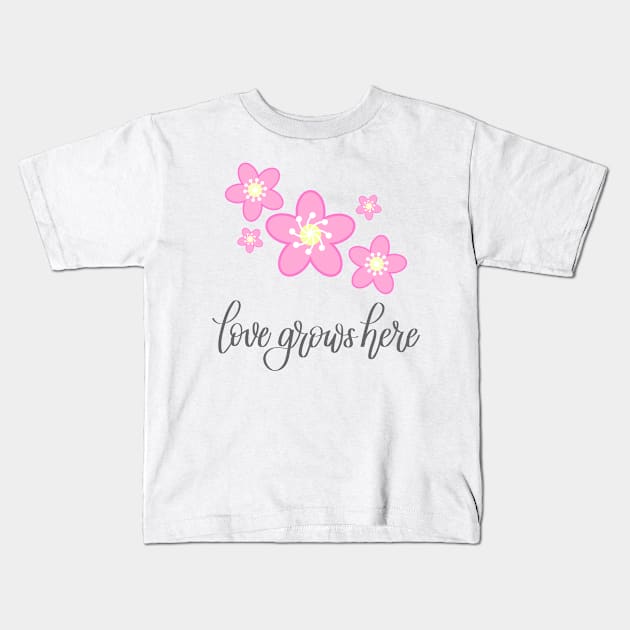 Love Grows Here in Gray Lettering Kids T-Shirt by Kelly Gigi